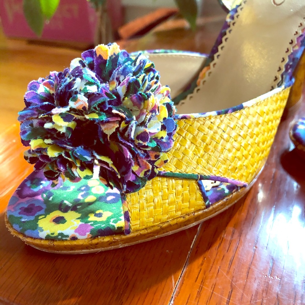 Poetic Licence straw and floral slingback heels